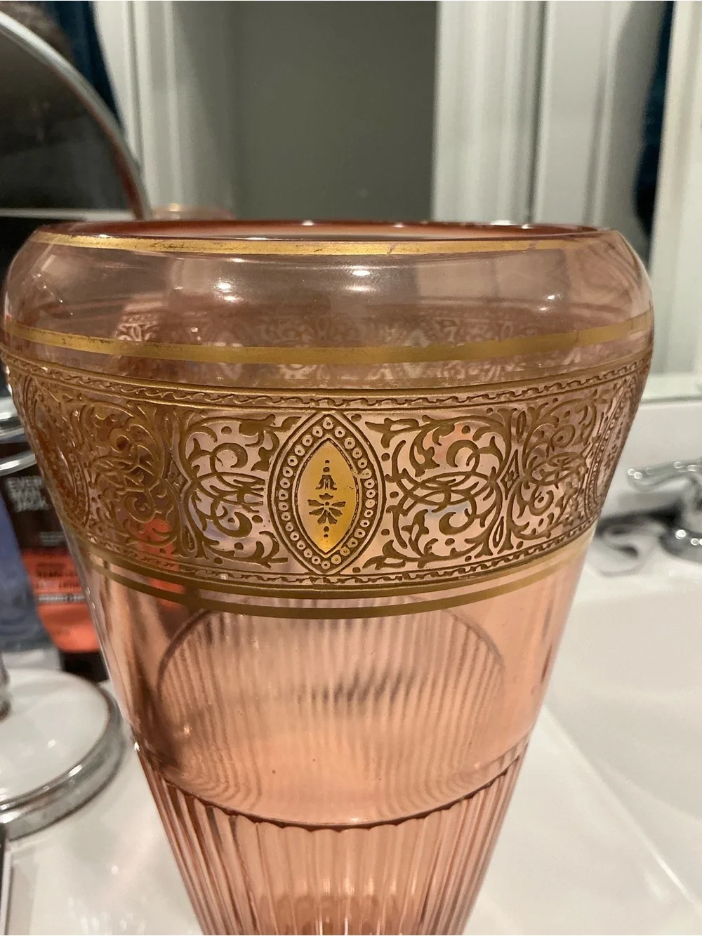 Tiffin Pink Depression Glass Footed Vase, Gold-Encrusted Etch, 9